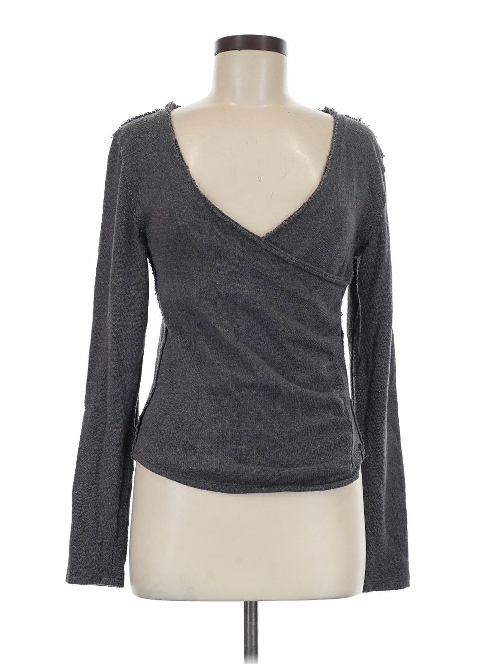 Wrap-Style Long Sleeve V-Neck Top in Charcoal